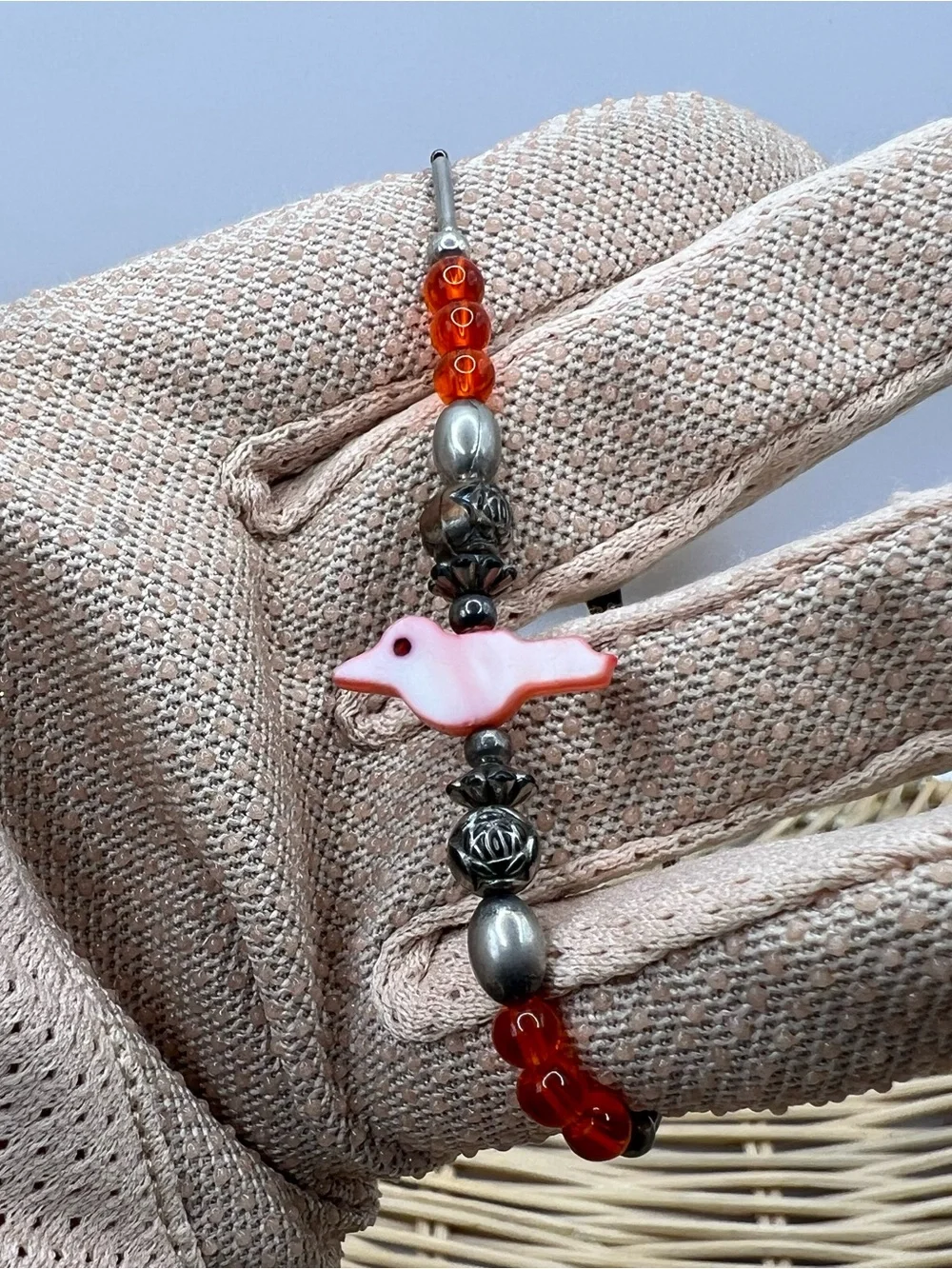 Vintage Southwestern Liquid Silver Pink Mother of Pearl Bird Fetish Bracelet